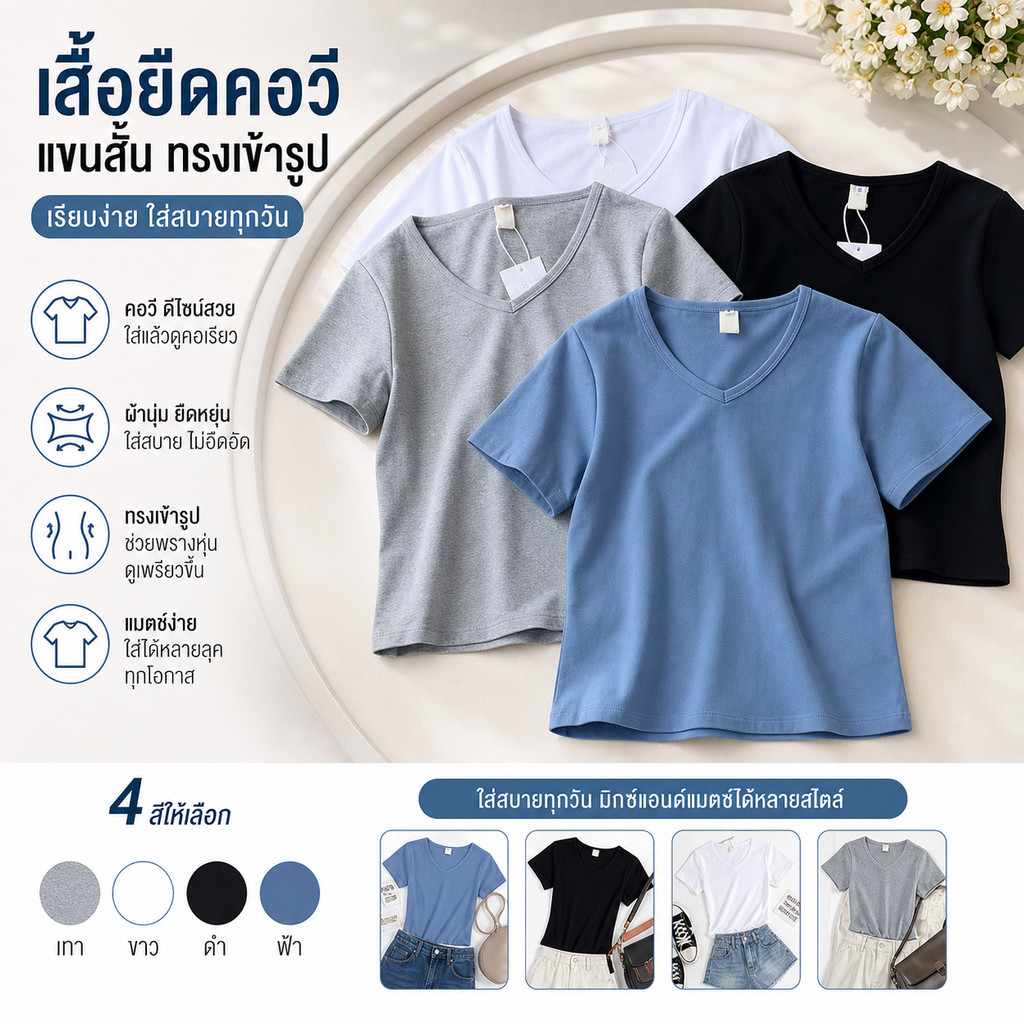 【ส่งไวจากไทย】เสื้อครอปท็อป คอวี แขนสั้น สีพื้น เอวสูง ทรงสลิม สําหรับผู้หญิง