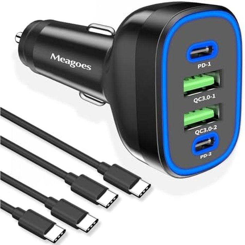 90W 4 in 1 USB C Super Fast Car Charger สําหรับ iPhone 17 Pro Max/Air/16/15/iPad, Samsung S26, Pixel