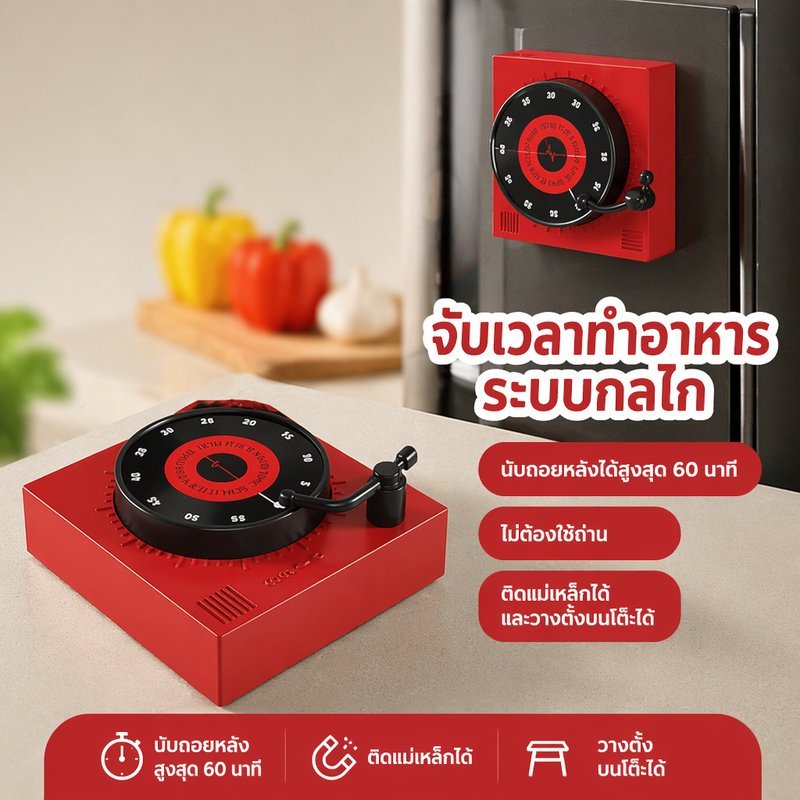 ที่จับเวลาทำอาหาร รูปแผ่นเสียงไวนิล วินเทจ กลไกไขลาน ไม่ใช้ถ่าน แม่เหล็กติดตู้เย็น ตั้งโต๊ะ 60 นาที