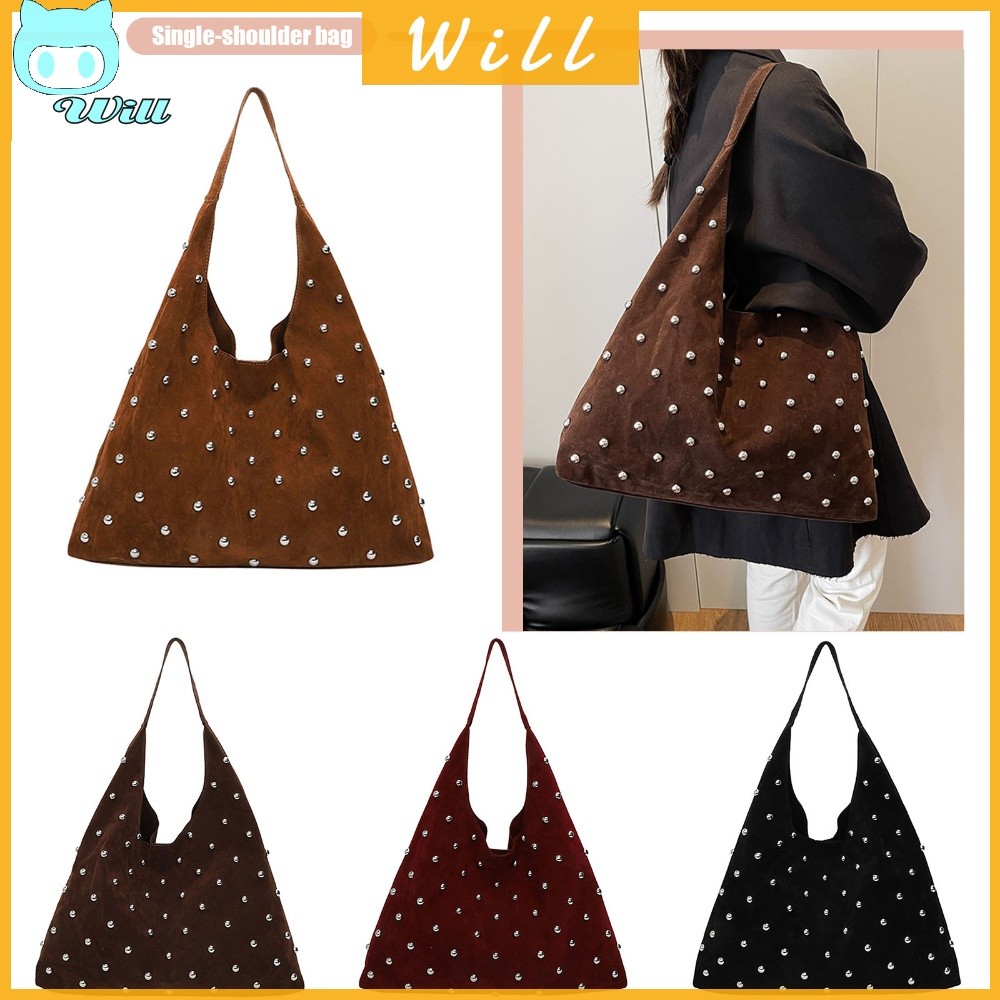 Women Faux Suede Studded Hobo Bags Slouchy Tote Bags for Travel Dating Shopping
