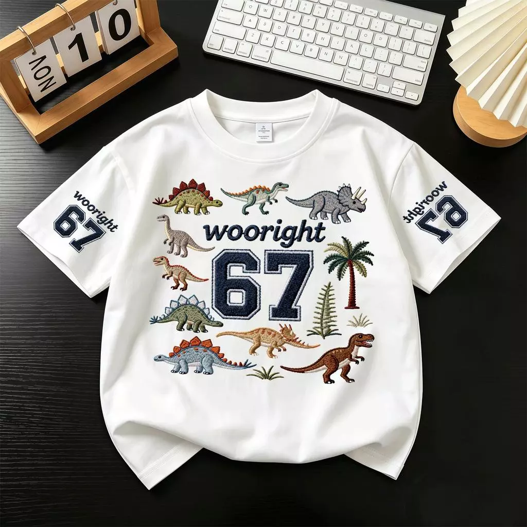 Pebbi Baby เสื้อยืดเด็กฤดูร้อนรุ่นใหม่ ลายปักไดโนเสาร์ ตัวเลข67 ผ้าฝ้ายแท้100% นุ่มสบาย เสื้อแขนสั้นเด็กผู้ชาย สไตล์เกาห