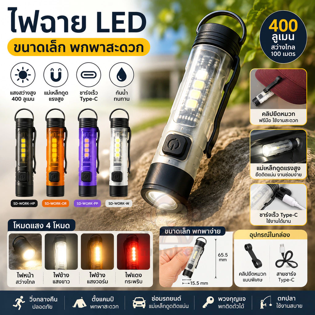ไฟฉาย LED ขนาดเล็ก พกพาสะดวก น้ำหนักเบา ทนทาน ชาร์จไฟได้หลายรูปแบบ แสงสว่างสูง อายุการใช้งานยาวนาน