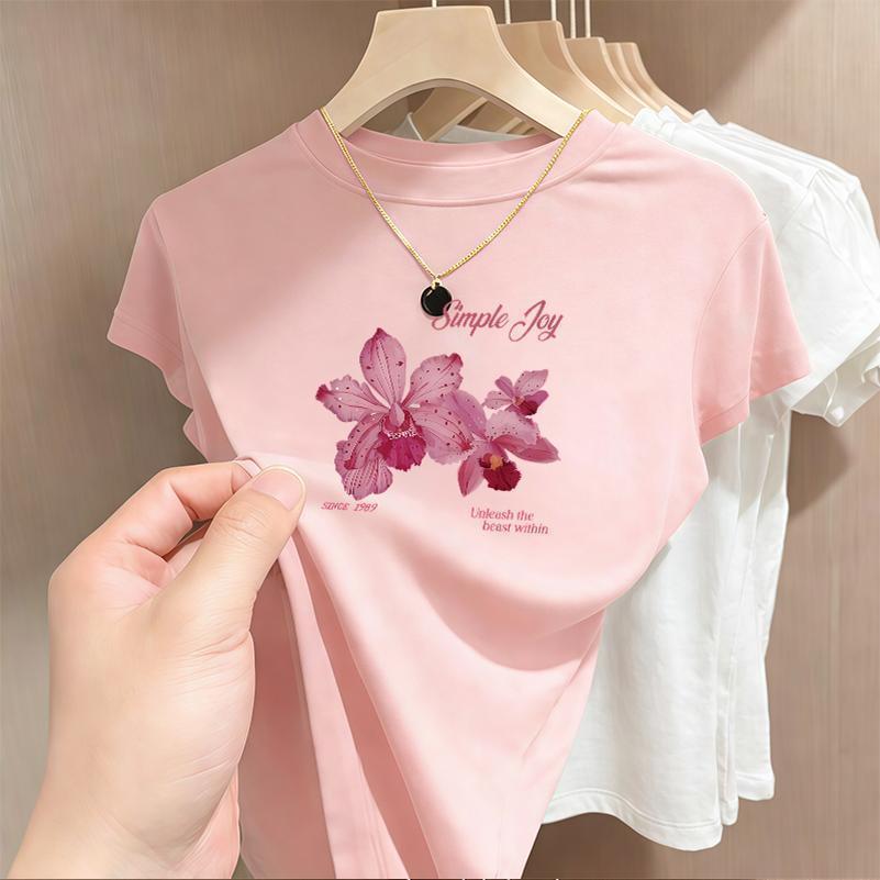 ผ้าฝ้ายผู้หญิงBodycon Baby Tee - Y2K พิมพ์เสื้อยืดแขนสั้นสไตล์ฤดูร้อน,รอบคอด้านบนสไตล์เกาหลี R47