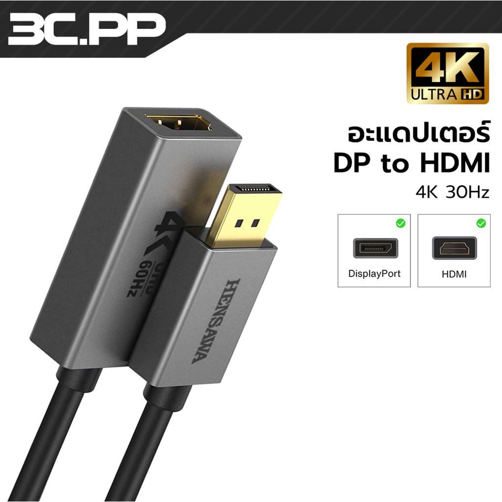 3C.PP Shop DP to HDMI Converter 4K 30Hz สายต่ออุปกรณ์รองรับการใช้งาน Computer Laptop TV Projector สายถัก