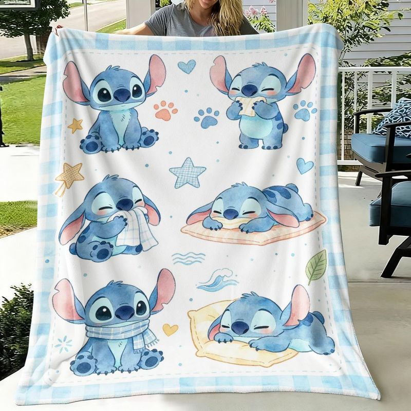 [Stitch] ผ้าห่มพิมพ์ดิจิตอลผ้าสักหลาดผ้าห่มสนุกการ์ตูนหอพักสบายๆ