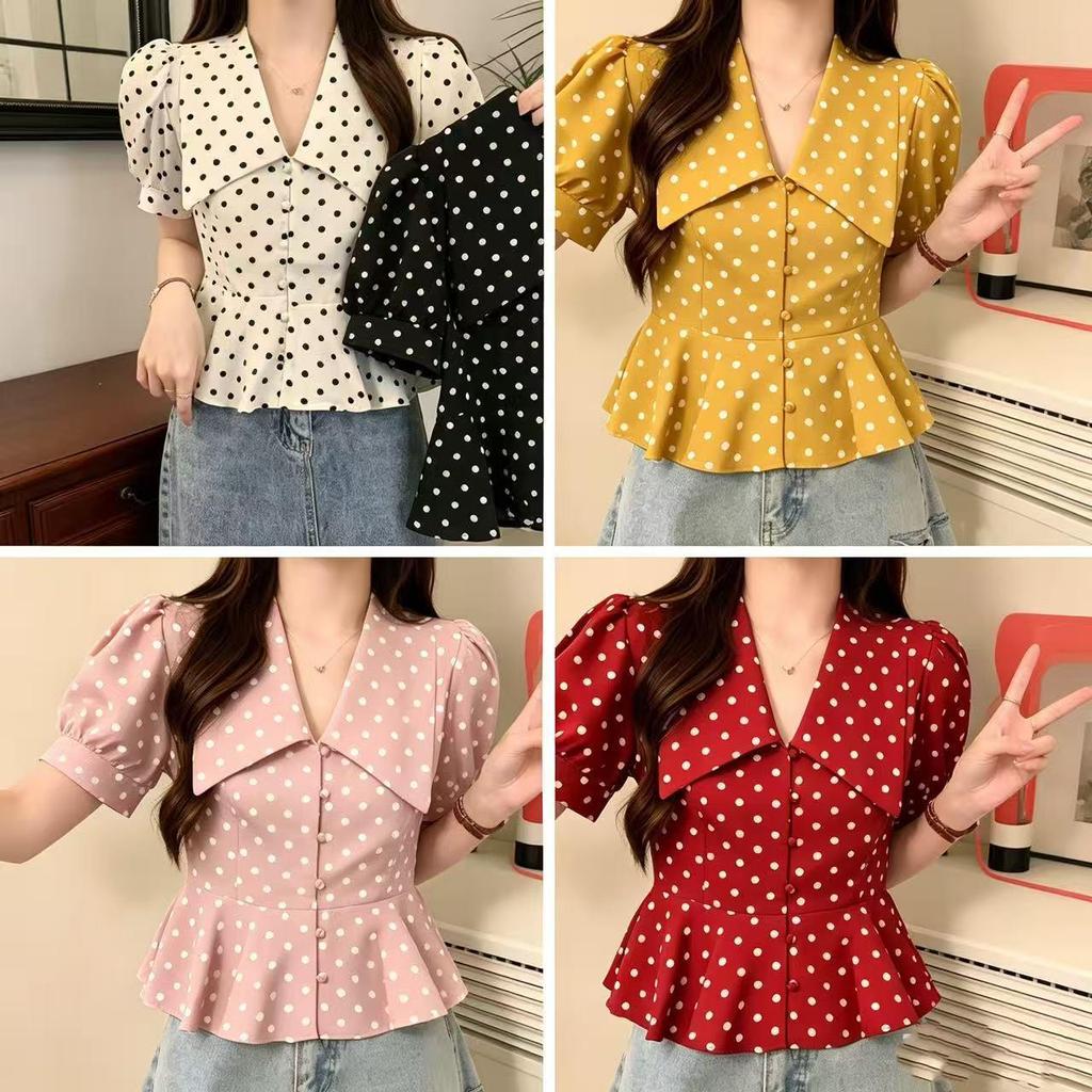 เสื้อเชิ้ตแขนสั้นผู้หญิง ลายจุด คอปกใหญ่ รัดเอว ดูผอม ใหม่ฤดูร้อน มีหลายสีหลายไซซ์