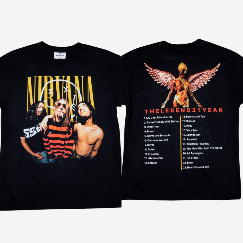เสื้อยืดสีดำ Rocket Lab กับโลโก้ NIRVANA SMILEY ทำจากผ้าฝ้ายUSAพรีเมียม สกรีนลายDTG-quality