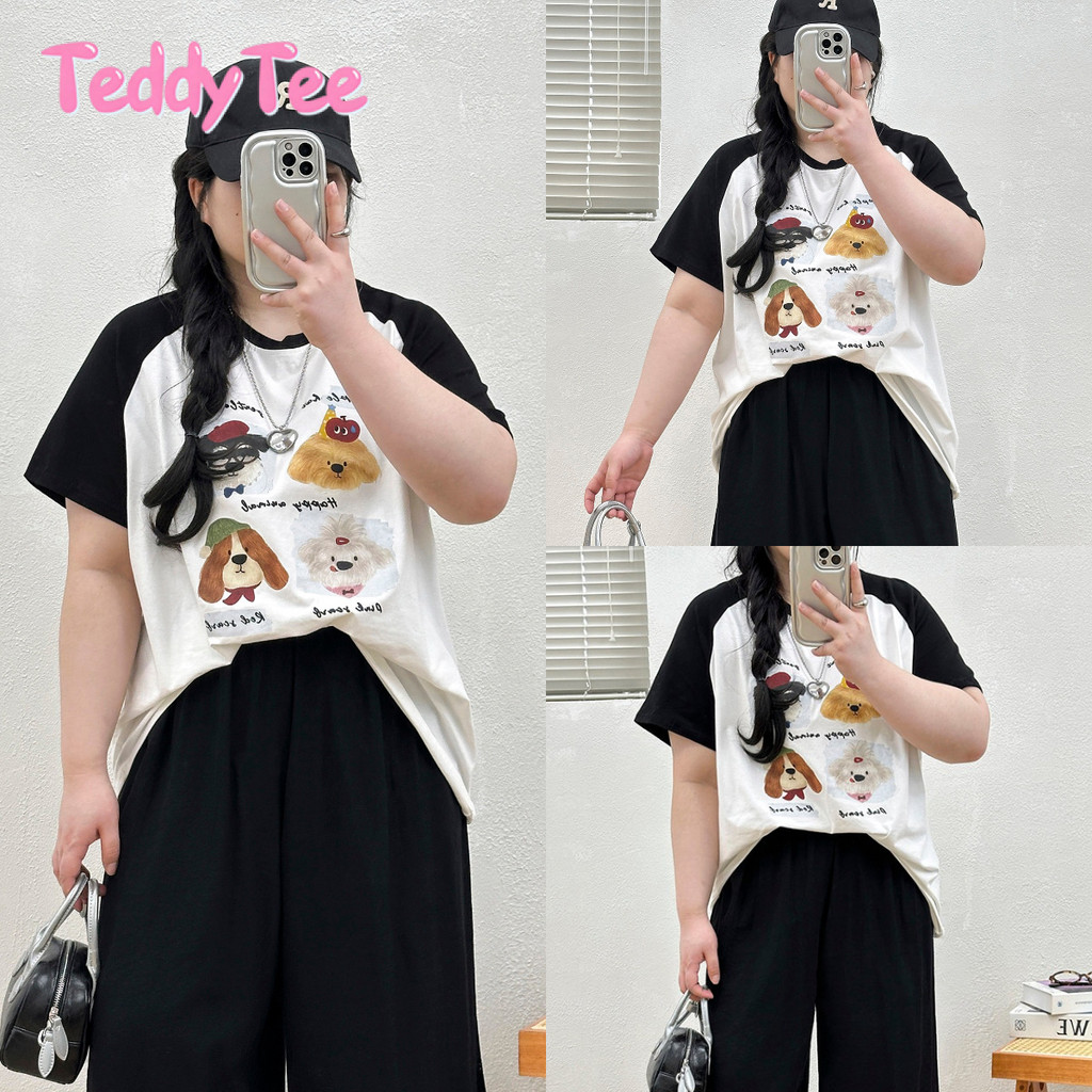 Teddy Tee เสื้อน่ารักการบล็อกสีแบบแร็กแลนเสื้อสาวอวบ พิมพ์ลาย "happy DOG" เสื้อยืด ผ้าCOTTON โคตรนุ่ม【COD】