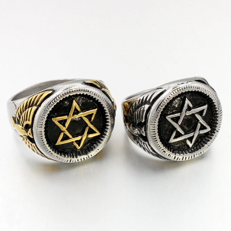 ทหารแหวนผู้ชายผู้หญิงคู่ไทเทเนียมแหวนสแตนเลส Hexagram หัวอุปกรณ์เสริมเครื่องประดับ WO3E