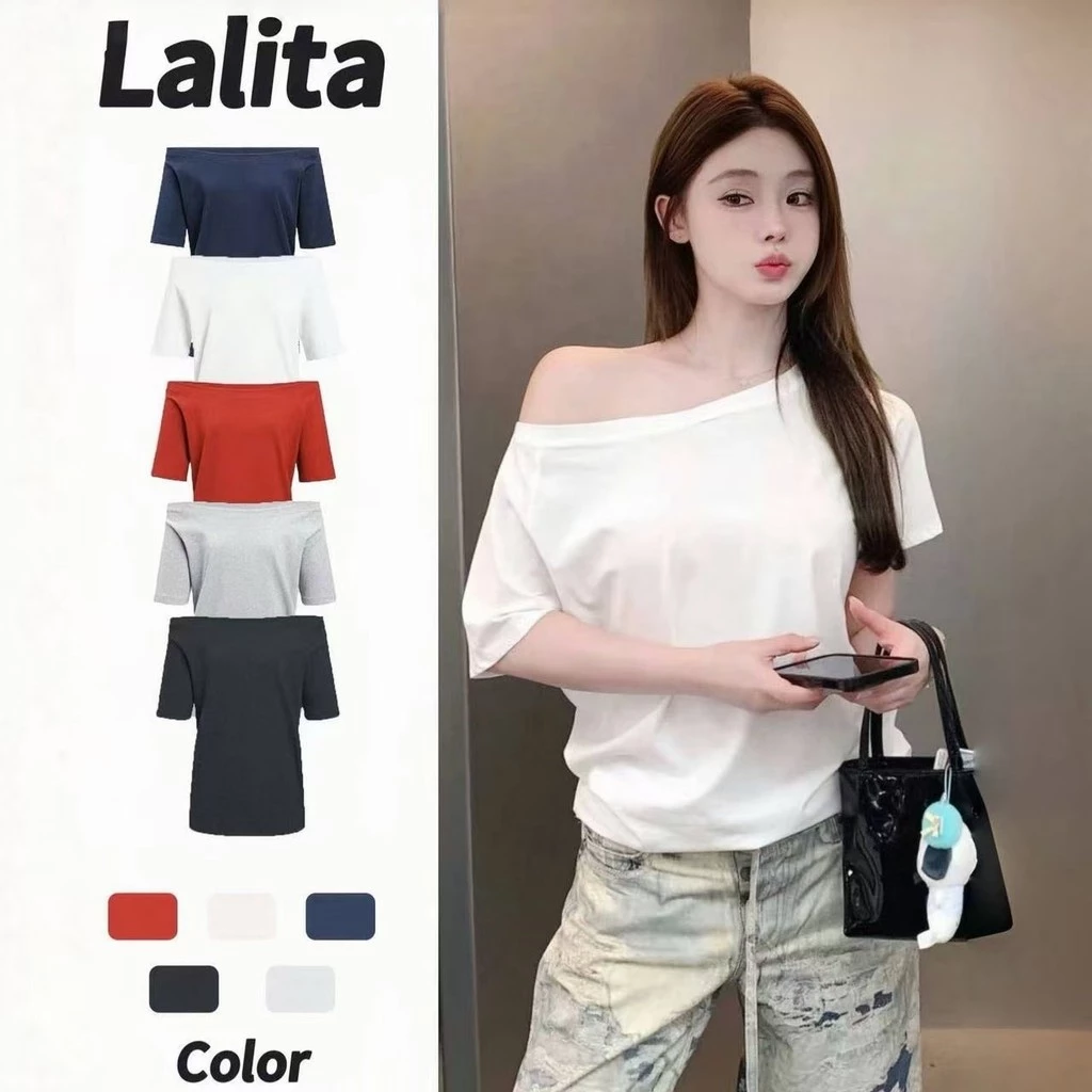 พร้อมส่ง ทรงหลวม เสื้อยืดเปิดไหล่ เสื้อเเขนสั้นผู้หญิง ใส่เเบบเปิดไหล่ได้ ผ้านิ่ม Lalita