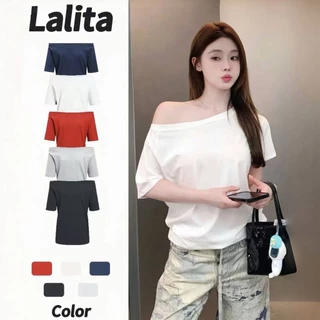 พร้อมส่ง ทรงหลวม เสื้อยืดเปิดไหล่ เสื้อเเขนสั้นผู้หญิง ใส่เเบบเปิดไหล่ได้ ผ้านิ่ม Lalita