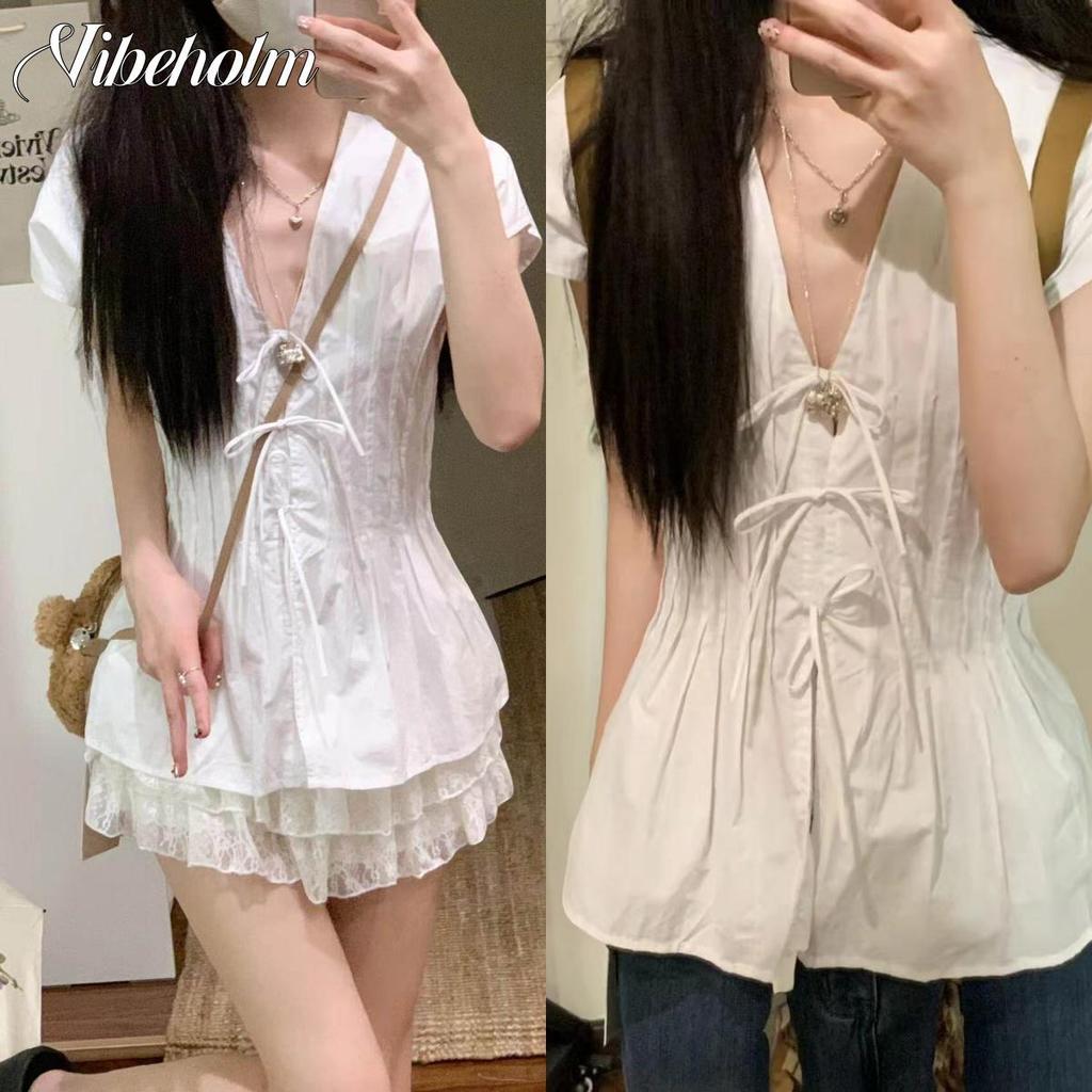 เสื้อเชิ้ตแขนสั้นคอวีทรงหลวมสไตล์เกาหลีผูกโบว์เหมาะสําหรับผู้หญิงออกแบบพับเอวเหมาะสําหรับชุดฤดูร้อน