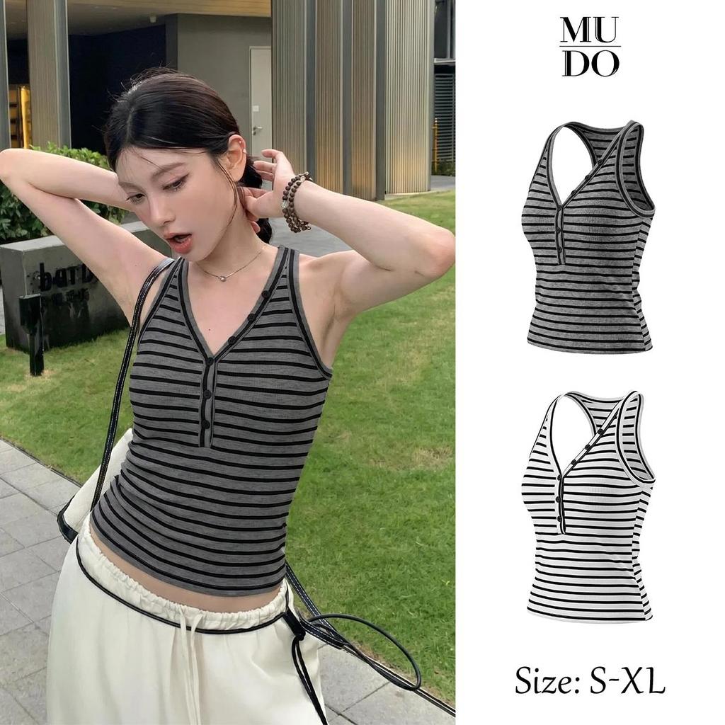 MUDO เสื้อกล้ามสายเดี่ยวลายทางคอเฮนลีย์คอวีรุ่นใหม่ฤดูร้อน สำหรับผู้หญิง ใส่ข้างนอก ทรงเข้ารูป ดูผอม ใส่ได้ทุกโอกาส 1033