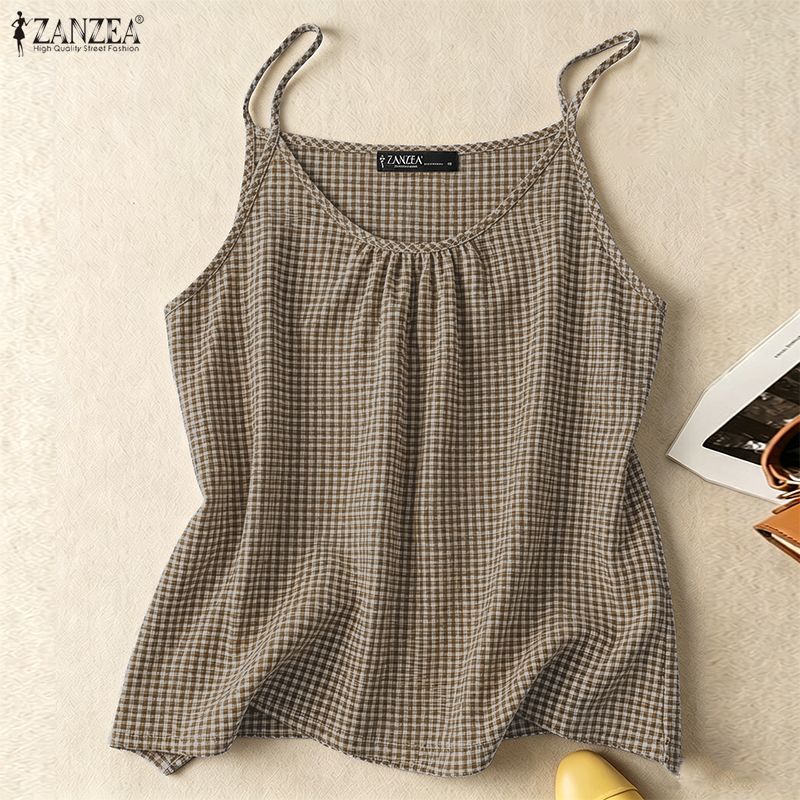 ZANZEA ผู้หญิงฤดูร้อนเกาหลี Retro V คอลายสก๊อตแขนกุด Holiday Beach Casual Camisole & Tube — صورة 5
