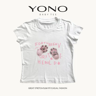 (พร้อมส่ง24ชม.) YONO baby tee สีชมพู ลายอุ้งเท้าสีเทากับดาว ทรงเข้ารูป สไตล์เกาหลี y2k