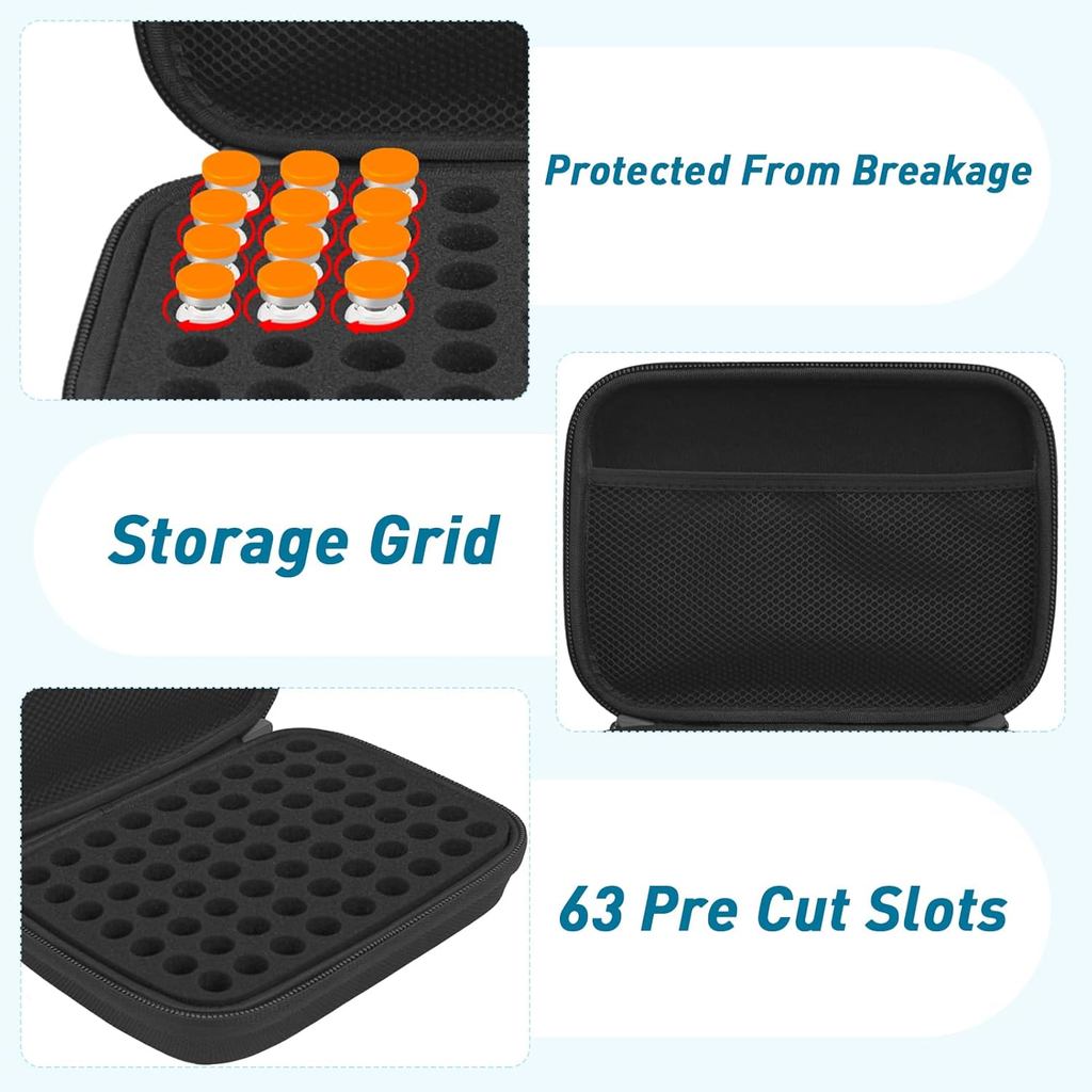 3ML Peptide Case – 63-Slot Peptide Organizer with Mesh Pocket, เหมาะกับขวด 3ml, กล่องเก็บเปปไทด์สําห