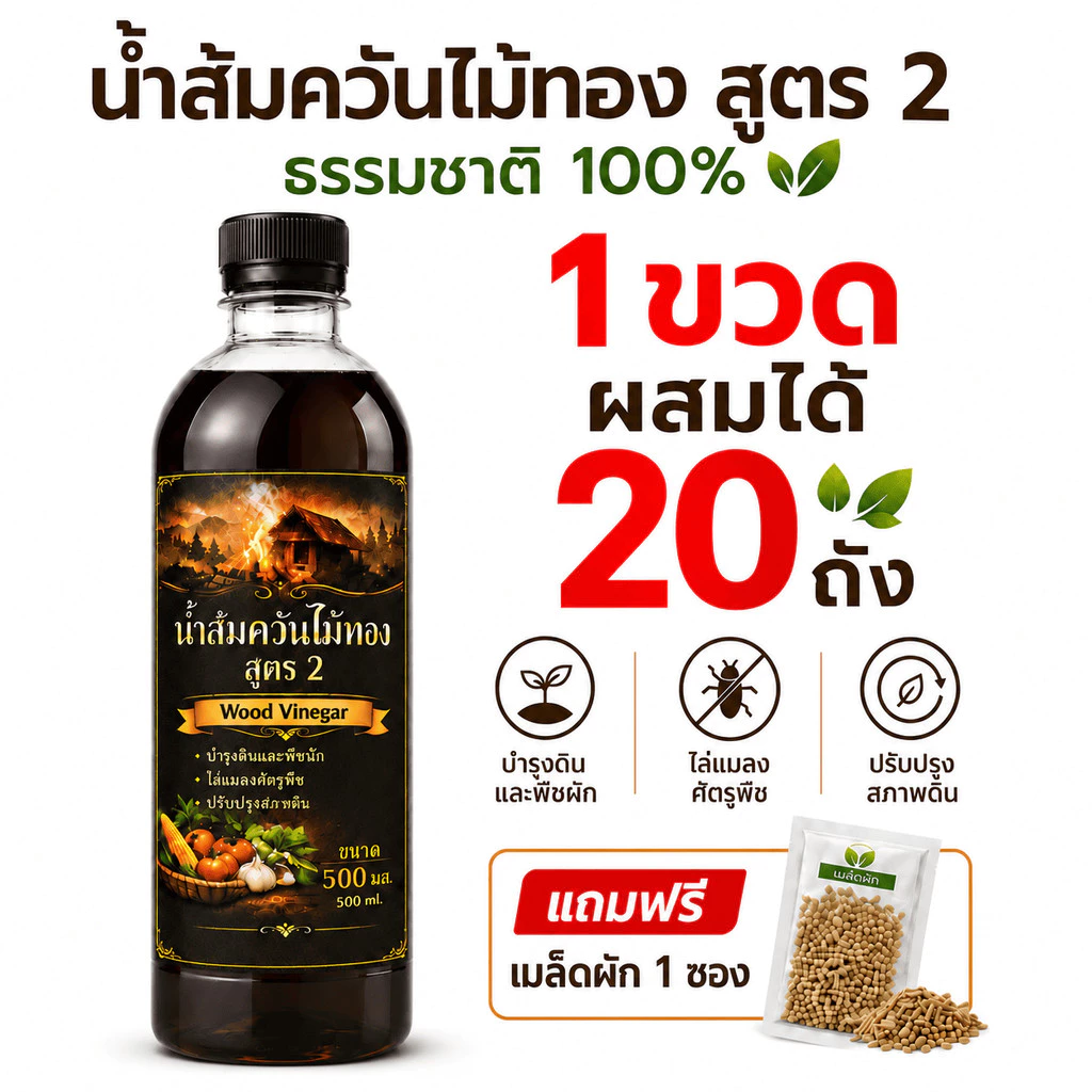 น้ำส้มควันไม้ สูตร 2 เกรดเกษตรอินทรีย์ 100% (500ml) กำจัดพืช ไล่ศัตรูพืช ดับกลิ่นอับ บำรุงดิน แถมฟรีเมล็ดผัก+คู่มือ