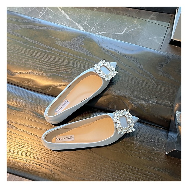 GRER Rhinestone Square Buckle Flat Shoes Pointed Toe Shoes Shallow Mouth Womens Shoes Satin Wedding 