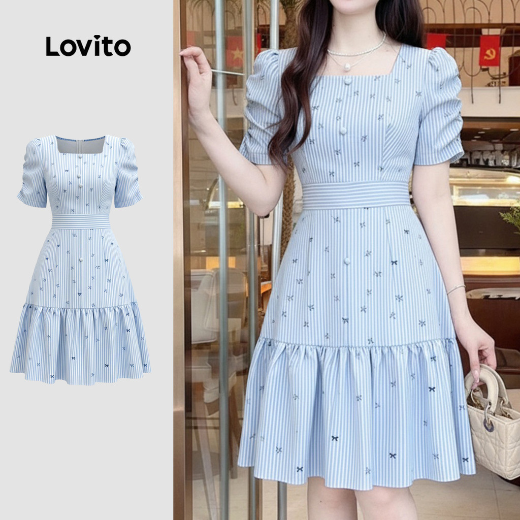 (สง่างาม) Lovito ชุดเดรสสีฟ้าอ่อนสําหรับฤดูร้อน ลายปักตกแต่งชายระบาย เดรสผู้หญิงที่ดูและใส่สบาย LK4ED1823