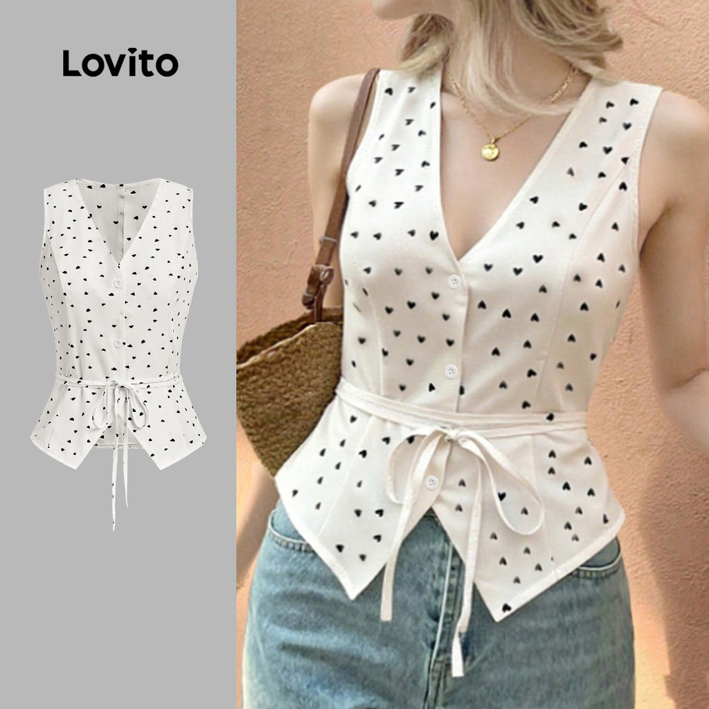 (แคชชวล) Lovito เสื้อเปิดแถวคอแบบสำหรับผู้หญิง ช่วงฤดูใบไม้ผลิ/ฤดูร้อน สีขาวออฟไวท์ L143EDD423