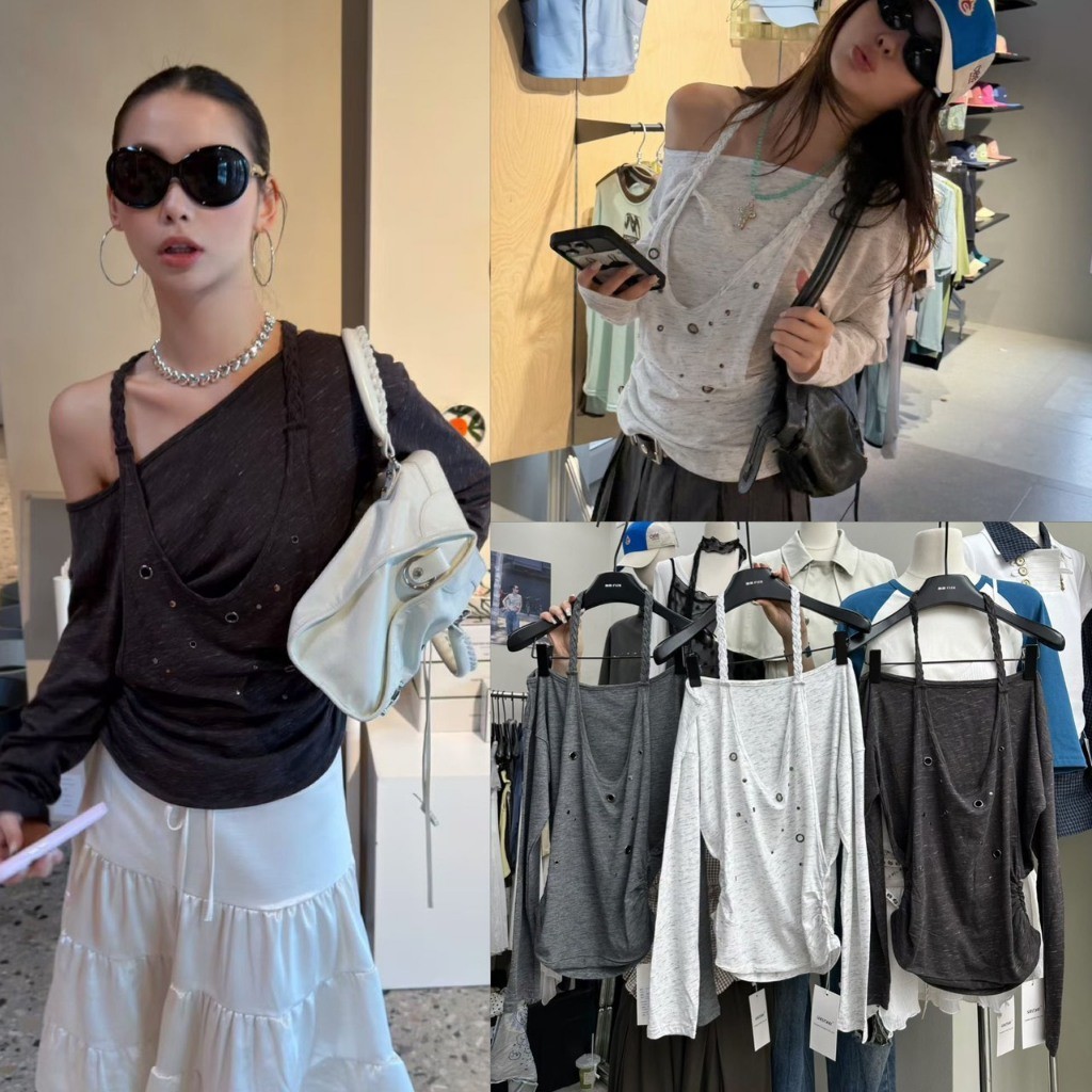 SU532 Strappy Top ลุคเรียบ ๆ แต่มีดีเทลที่แตกต่าง ผ้ายืด ใส่สบาย เสื้อเปิดไหล่ แฟชั่นเกาหลี TAG MM Fish