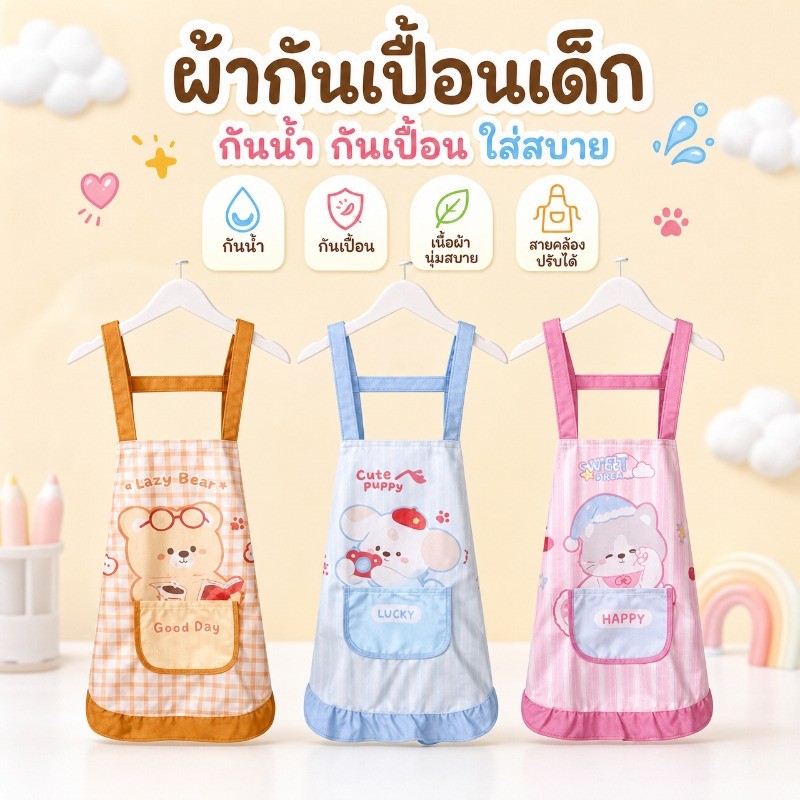 ผ้ากันเปื้อนเด็ก กันน้ำ กันเปื้อนยาก ลายการ์ตูน น่ารัก ผ้ากันเปื้อนกินข้าว วาดรูป มีกระเป๋า