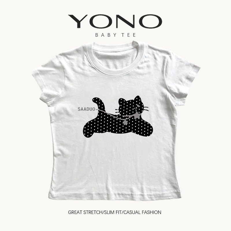 (พร้อมส่ง24ชม.) YONO baby tee สีขาว ลายแมวดำลายจุดสีขาว ทรงเข้ารูป มินิมอล y2k