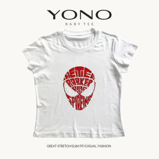 (พร้อมส่ง24ชม.) YONO baby tee สีดำ ลายหน้ากากสีแดงพร้อมข้อความกราฟิก ทรงเข้ารูป สตรีท y2k