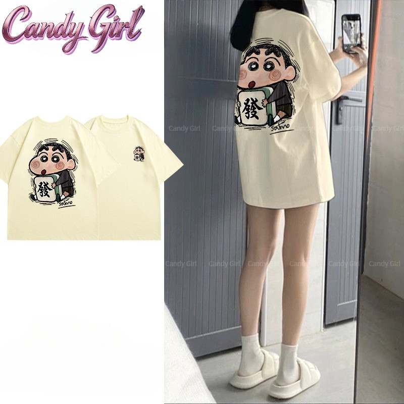 COD (จัดส่งภายใน 24 ชั่วโมง) เสื้อยืดผู้หญิง สไตล์เกาหลี ทรงหลวม เสื้อผู้หญิงลำลอง ทรงกว้าง พิมพ์ลายชินจังขอรวย