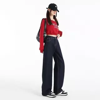 DK JEANS กางเกงยีนส์ ขากว้าง สีน้ำเงินเข้ม สไตล์อเมริกันสำหรับผู้หญิง รุ่นใหม่ เอวสูง ทรงหลวม สบายๆ ป้ายน้ำตาลสุดเก๋