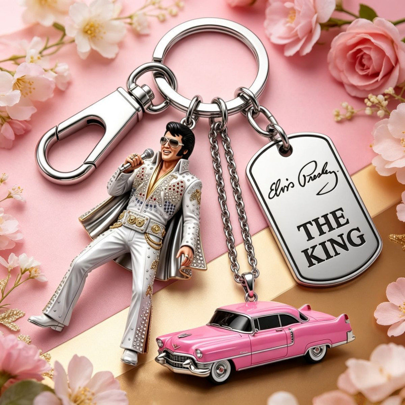 Elvis Presley The King พวงกุญแจโลหะ Retro นักร้องรูปจี้กระเป๋าสีชมพู Charm เครื่องประดับสะสม