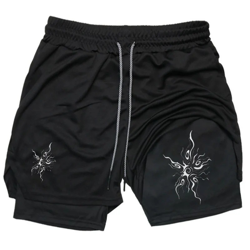 Hip Hop Sun Pattern กางเกงขาสั้นหลวมผู้ชาย Y2K Harajuku ขนาดใหญ่มัลติฟังก์ชั่น Two-in-One วิ่งกีฬากา