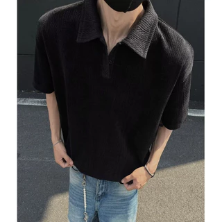 Textured Knit Polo Shirt เสือโปโลสีดำ พื้นผ้านุ่มนวล สบายๆ ทันสมัย สำหรับทั้งชายหญิง เหมาะกับทุกโอกาส สงกรานต์