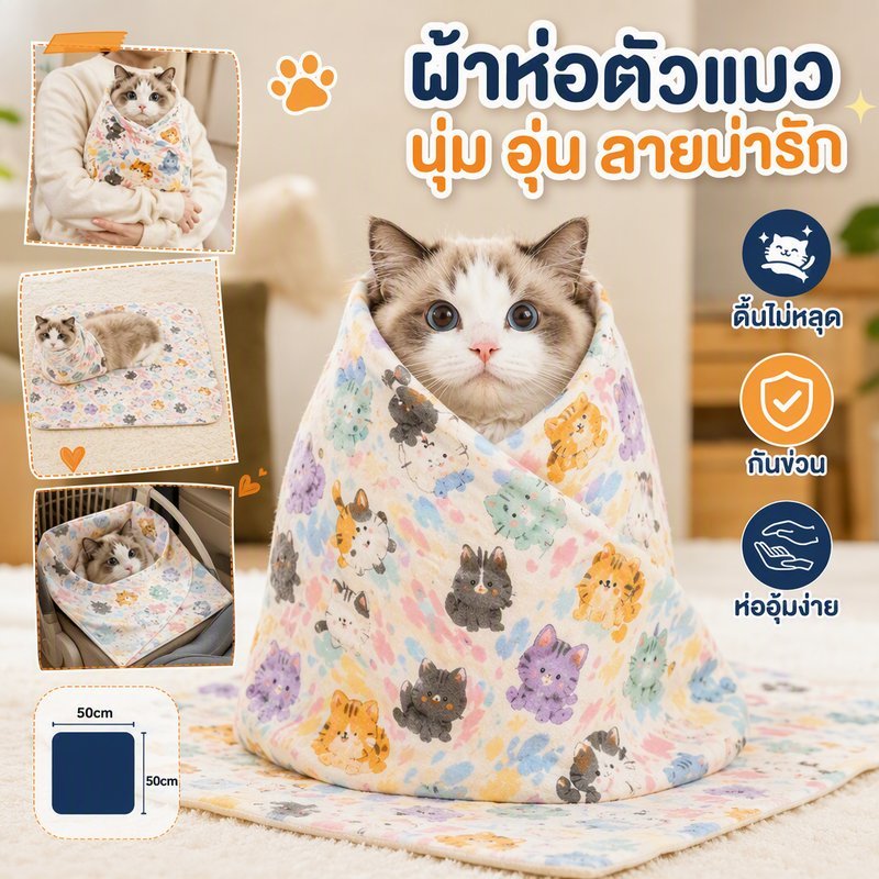 ผ้าห่อตัวแมว กันข่วน ผ้าพันตัวสัตว์เลี้ยง ลดดิ้น ป้อนยา หยอดยา ตัดเล็บ ซักเครื่องได้