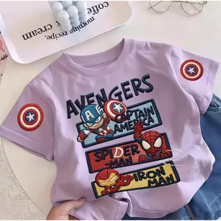 เสื้อยืดเด็กผ้าฝ้ายแท้แขนสั้น ลายปัก Marvel Avengers อเวนเจอร์ส รวมฮีโร่ กัปตันอเมริกา สไปเดอร์แมน ไอรอนแมน