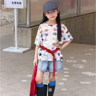PRETTY BABY เสื้อเด็ก เสื้อยืดคอกลม ลายดาว กางเกงยีนส์เด็ก กางเกงขาสั้น(2362)