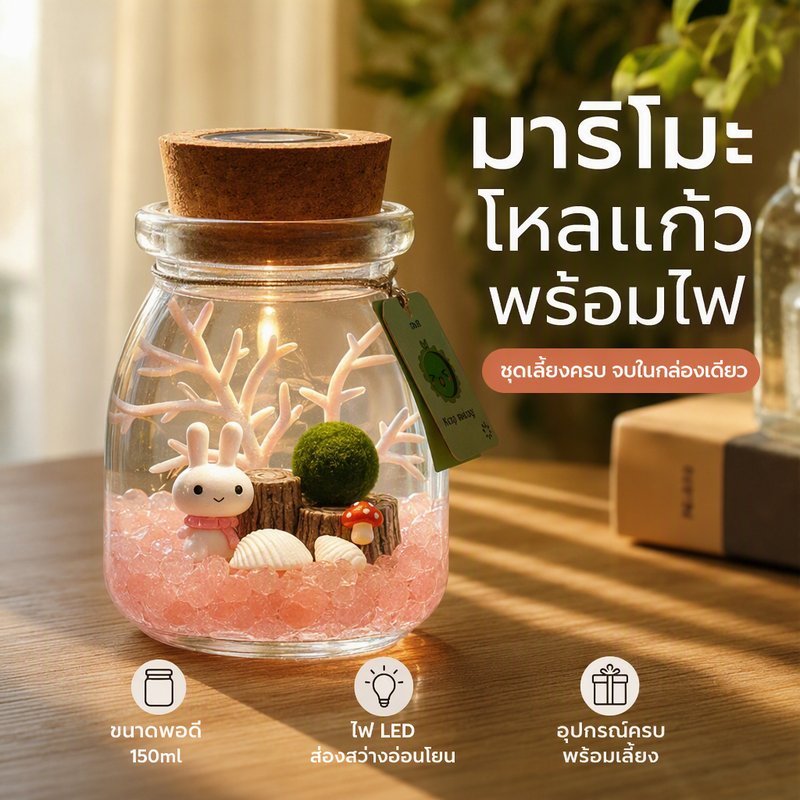 ชุดเลี้ยงมาริโมะ มอสบอลญี่ปุ่น โหลแก้วพุดดิ้ง พร้อมไฟ LED อุปกรณ์ตกแต่ง ทราย ปุ๋ยอาหาร
