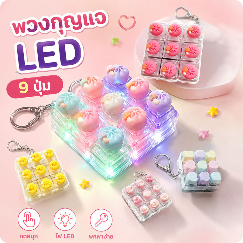 พวงกุญแจคีย์บอร์ดเรืองแสง 9 ปุ่ม LED คีย์แคปซาลาเปาน่ารักๆ ปุ่มกดผ่อนคลาย คลิกเพลินๆ กดเพลิน