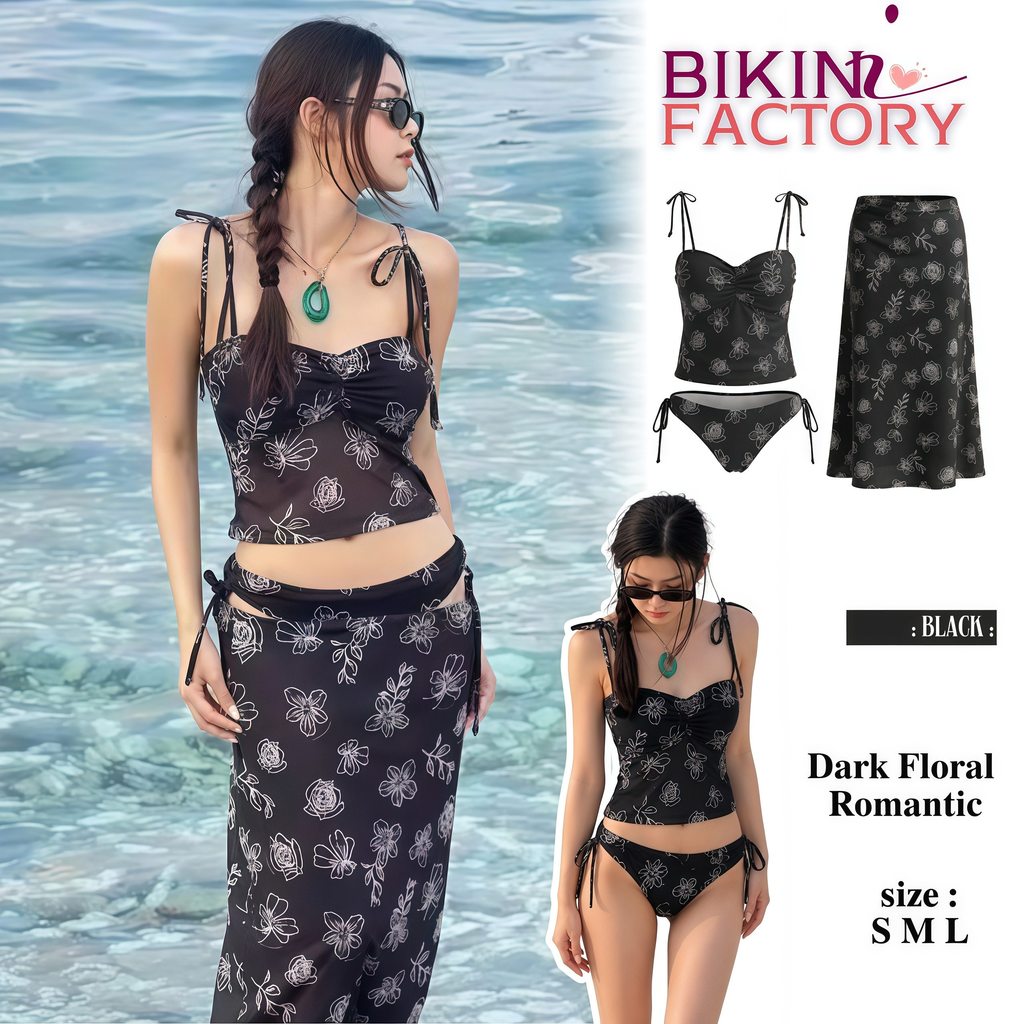 BIKINI FACTORY ชุดว่ายน้ำ 3 ชิ้น ลายดอกสีดำ บิกินี่พร้อมเสื้อสายเดี่ยวและกระโปรงคลุม มีไซส์ S-L|น้ำหนัก 38-58 กก. Y279