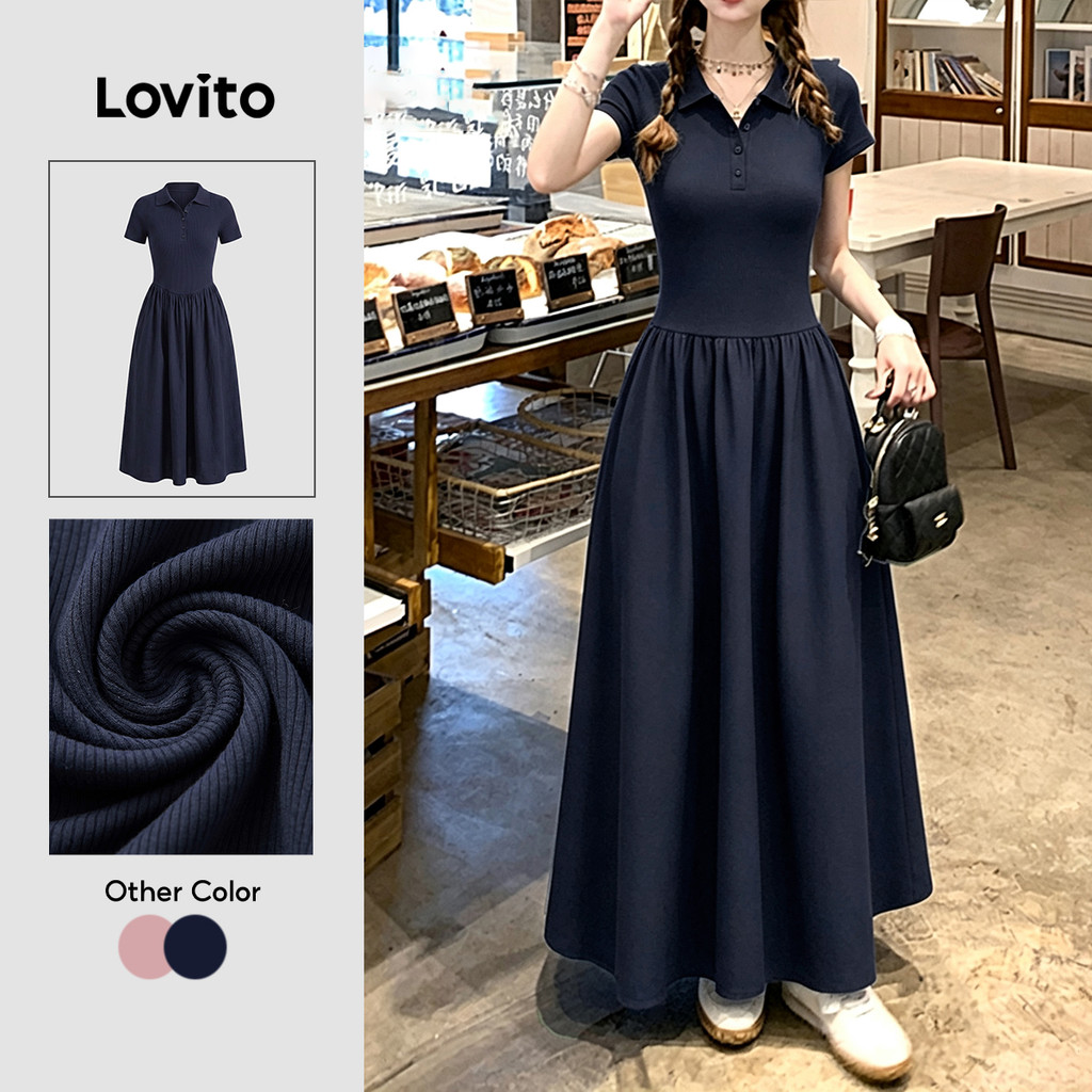 Lovito ชุดเดรสแคชชวล ผ้าเย็บตะเข็บ โครงสร้างเส้นตรง ชุดเดรสสีน้ำเงินเข้มสำหรับผู้หญิง ฤดูใบไม้ผลิ/ฤดูร้อน L152ED023