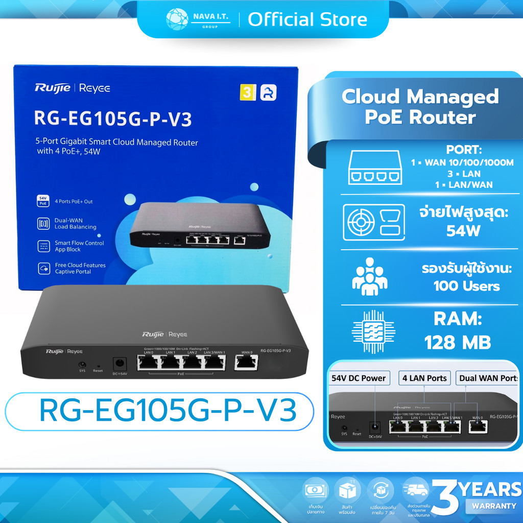 Ruijie Reyee RG-EG105G-P-V3 Cloud Managed PoE เราเตอร์ VPN รับประกันศูนย์ไทย 3 ปี