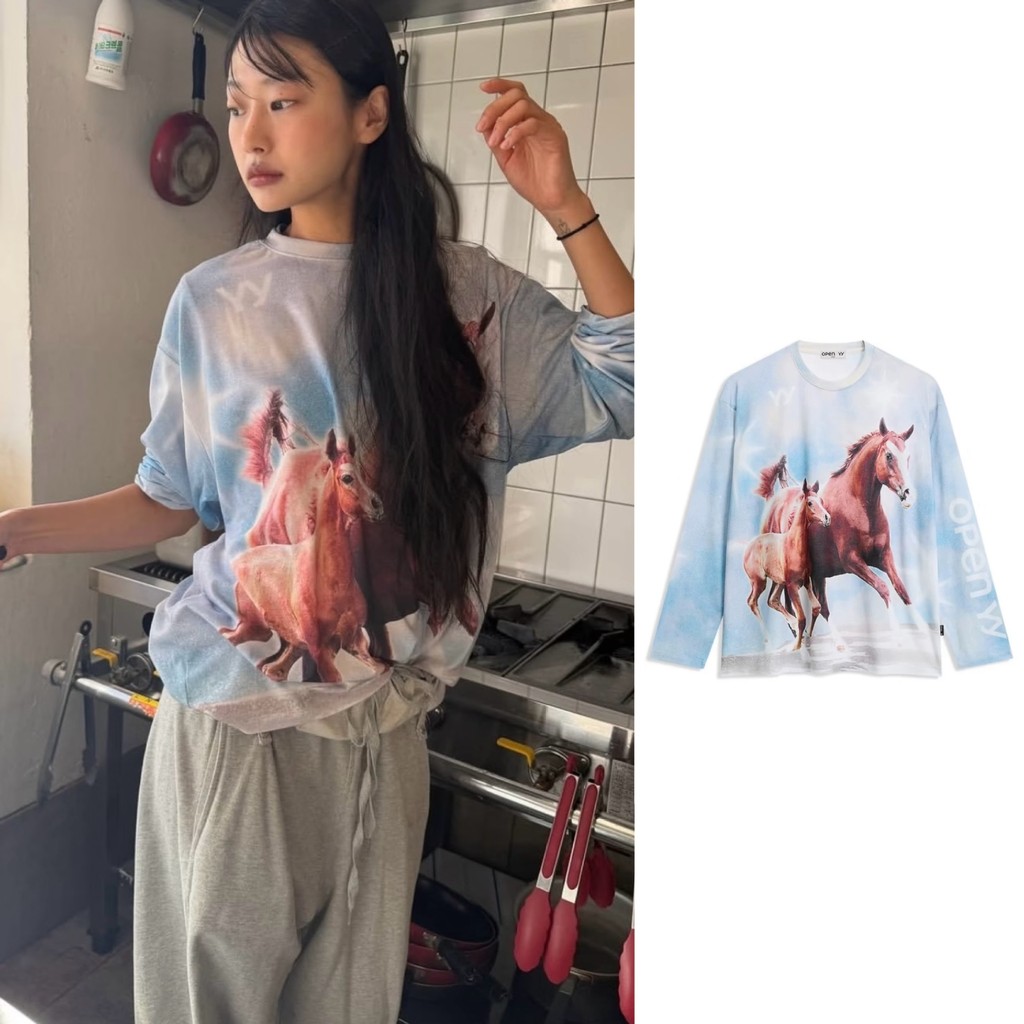 [SR-STUDIO] YY 2026 เปิด 3D Horse พิมพ์รอบคอเสื้อยืดแขนยาวหลวมรุ่นหญิง W6KC