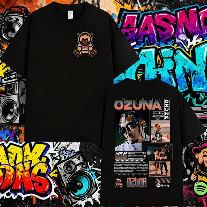 เสื้อยืดพิมพ์ลายสองด้านของแร็ปเปอร์ Ozuna เสื้อสตรีทแวร์ Anuel AA สำหรับผู้ชายและผู้หญิง ผลิตจากผ้าฝ