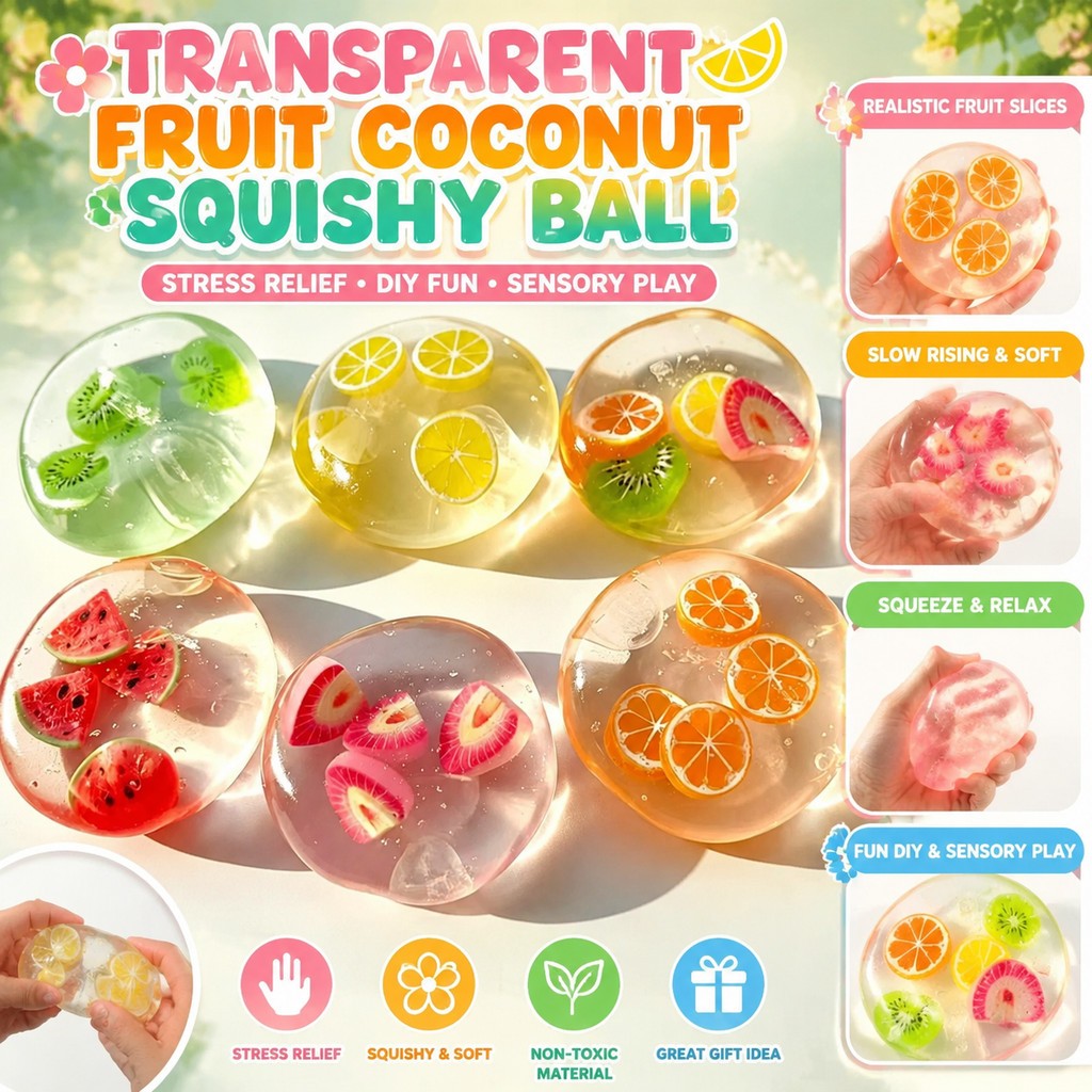 ผลไม้โปร่งใสมะพร้าว Squishy Ball, คริสตัล Jelly DIY บีบของเล่นที่สมจริงชิ้น, ความเครียดบรรเทาโต๊ะ Fidget ฤดูร้อน Sensory PlayYuuAND
