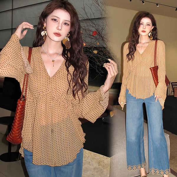 mimi-[สินค้าพร้อมส่ง]เสื้อแขนยาวคอวีลายจุดฝรั่งเศสสำหรับผู้หญิง ทรงหลวม สไตล์เรโทร เหมาะสำหรับฤดูร้อน เสื้อวัยรุ่น-99570