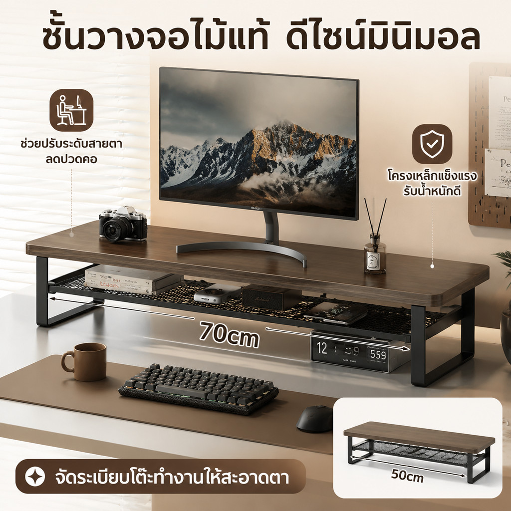 ที่วางจอคอม2ชั้น 50/70cm สีไม้วอลนัท เหล็กผสมไม้ จัดระเบียบเดสก์ท็อป วางจอ/หนังสือ/อุปกรณ์ โต๊ะทำงาน