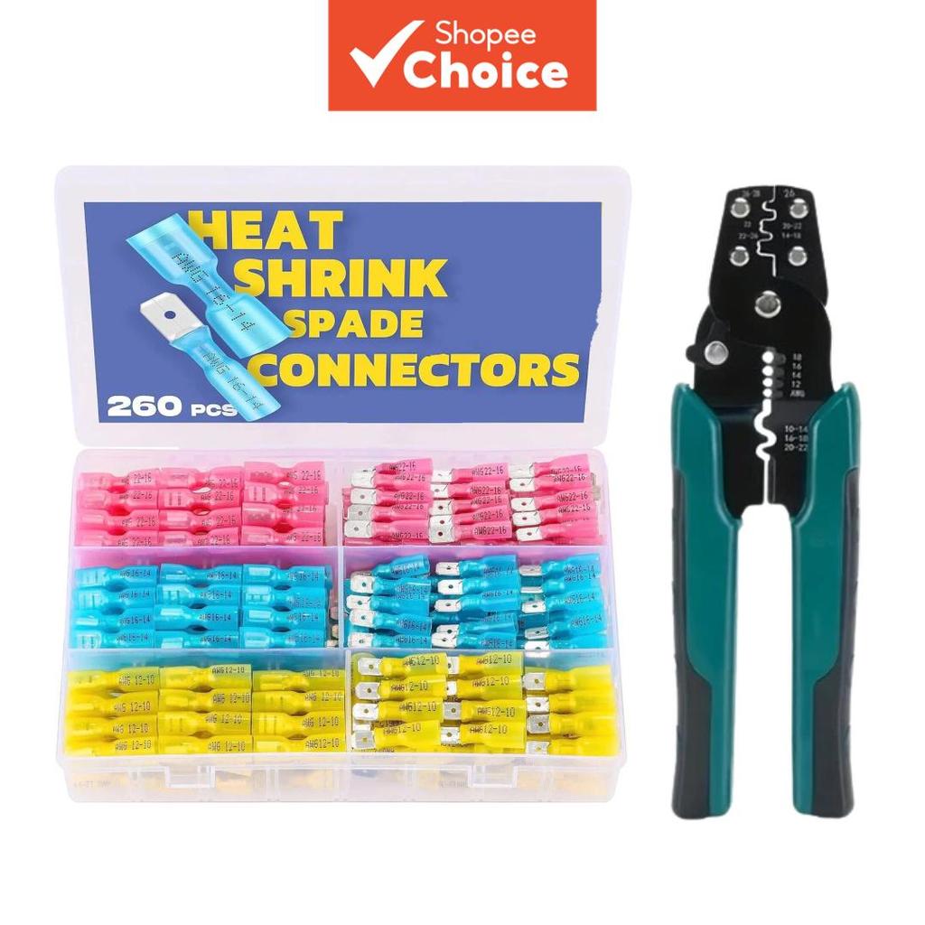 One Pack 260PCS ความร้อนหด Spade Connectors พร้อม Stripper เครื่องตัด Quick Disconnect หญิงชาย Spade