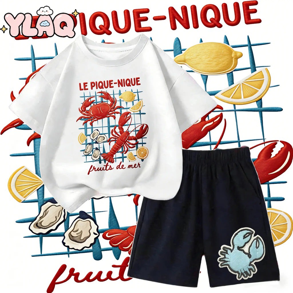 ชุดเสื้อยืดแขนสั้นเด็ก  สวมใส่สบาย มีให้เลือกหลายสี  LE PIQUE-NIQUE 2 ชิ้น แฟชั่น สำหรับเด็กชายตัวเล