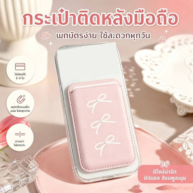 กระเป๋าใส่บัตรติดหลังมือถือ แบบแม่เหล็ก ลายโบว์มุก สีชมพู ใส่บัตร 2-3 ใบ บางเบา พกพาง่าย ที่ใส่บัตรแฟชั่นน่ารัก