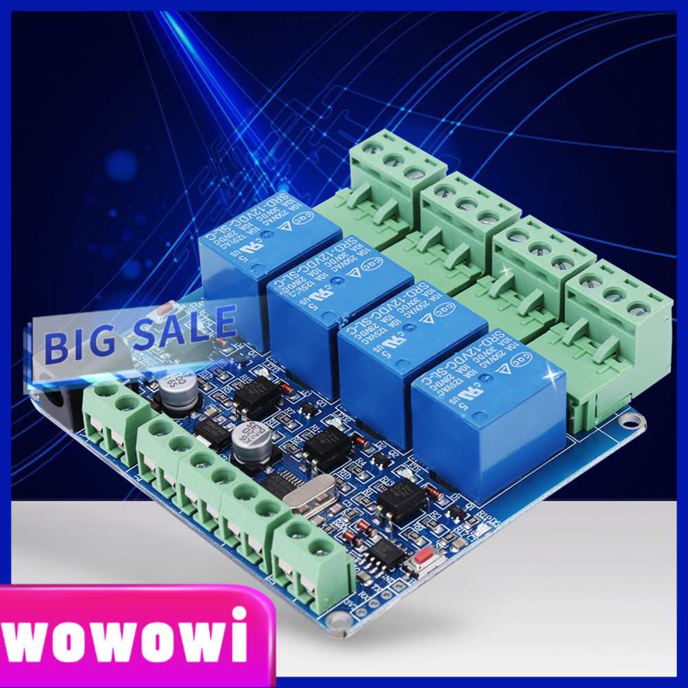 Wowowi บอร์ดรีเลย์ 4 ช่องพร้อมอินเทอร์เฟซ DC การสื่อสาร RS485 สำหรับแหล่งจ่ายไฟ 12V ไมโครคอนโทรลเลอร